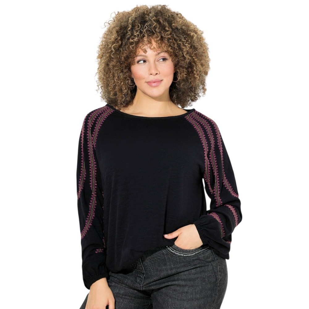 Ulla Popken Black Embroidered Stripe Long‎ Sleeve Bohemian Top 20